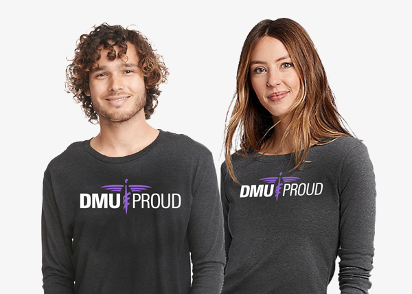 Male and female models displaying a mockup "DMU Proud" t-shirt.