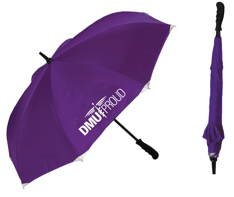 Purple umbrella with "DMU Proud" logo